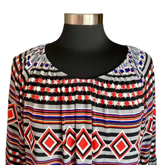 Ali Miles Lagenlook Boho Bold Print Top Size Large Artsy Peasan Multicolor Atzec - Picture 2 of 9